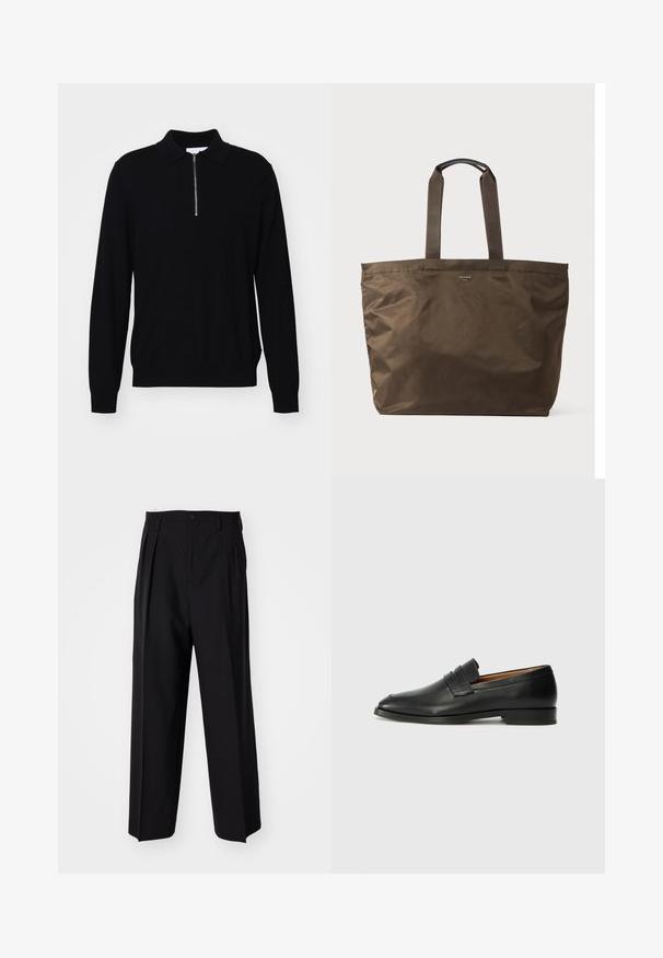 Svart langermet genser med glidelås på kragen, laget av strikket stoff. Har en tettsittende design og ribbede mansjetter og hem.; Sorte plissert bukser med en rett, bred benform. Laget av glatt stoff, med knappelukking og beltehemper.; Svart skinnloafer med rund tå, subtilt sydd detaljering og lav hæl, med en glatt tekstur og minimalistisk design.; Brun nylon tote bag med to stoffhåndtak og en glatt tekstur. Har minimal merking på forsiden.