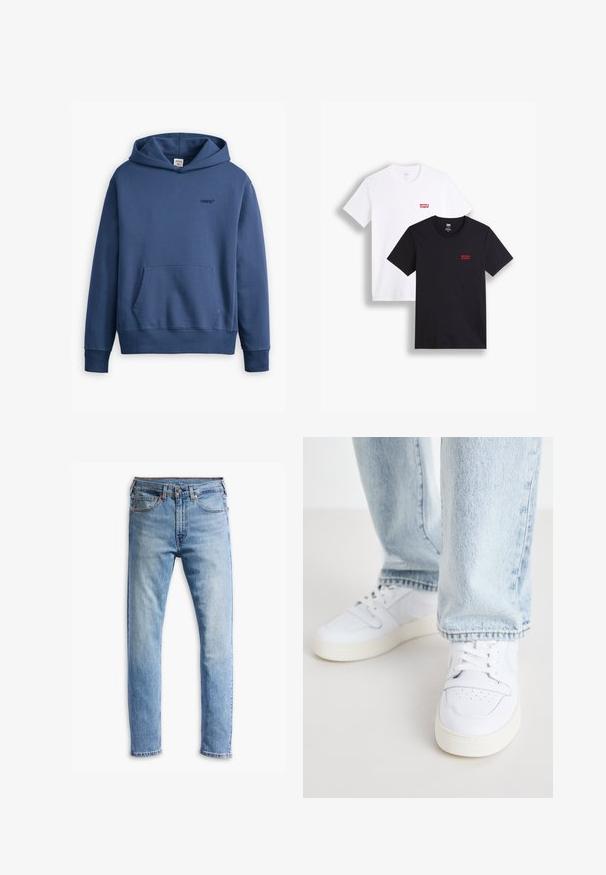 Jūras spēku zila kapuce, kas izgatavota no kokvilnas sajaukuma auduma. Iekļauj priekšējo kabatu, ribotās piedurknes un mazu logo uz krūtīm.; Divi īsās piedurkņu t-krekli: viens balts un viens melns. Abus izgatavoti no kokvilnas ar sarkano Levi's logo uz krūšu. Vienkārša apaļa kakla dizaina.; Gai zilgani džinsi ar taisnu piegriezumu, piecām kabatām, pogu aizdari un vieglu izbalējumu pa audumu.; Biezi balti ādas apavi līdz potītei ar perforētu purngalu, plakaniem šņorēm un minimālistisku dizainu. Saskaņoti ar gaiši ziliem džinsiem.