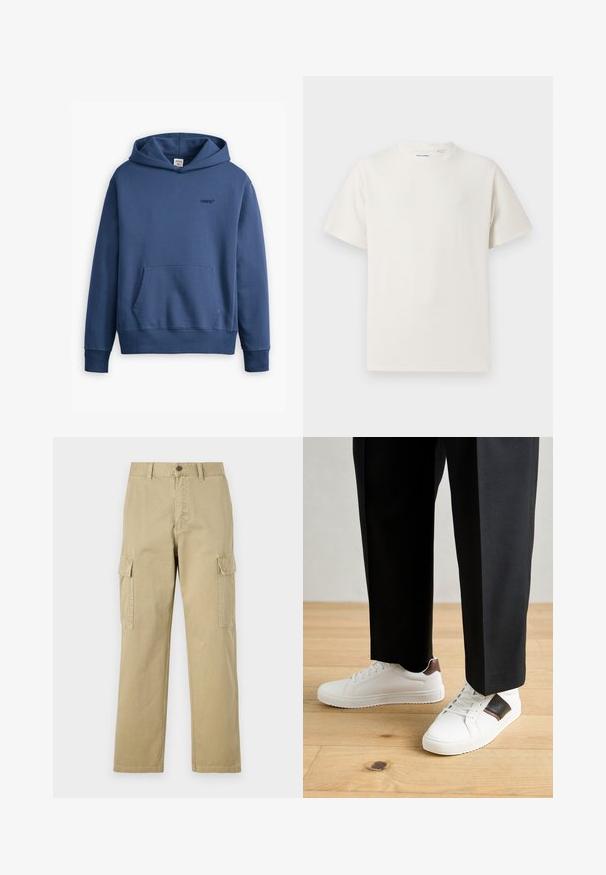 Jūras spēku zila kapuce, kas izgatavota no kokvilnas sajaukuma auduma. Iekļauj priekšējo kabatu, ribotās piedurknes un mazu logo uz krūtīm.; Balta krūštura īsām piedurknēm ar ribota auduma faktūru. Apaļš kakla izgriezums, brīvs griezums, bez redzamām rakstām vai akcentiem. Vienkāršs un daudzpusīgs dizains.; Beige kravas bikses no kokvilnas, kas aprīkotas ar divām sānu kabatām, pogu aizdari un taisnām kājām ar nedaudz teksturētu audumu.; Baltā pārsoļa apavi ar gludu tekstūru, papildināti ar brūniem ādas akcentiem un melniem elementiem, savienoti ar melnām pielāgotām biksēm. Koka grīdas fons.