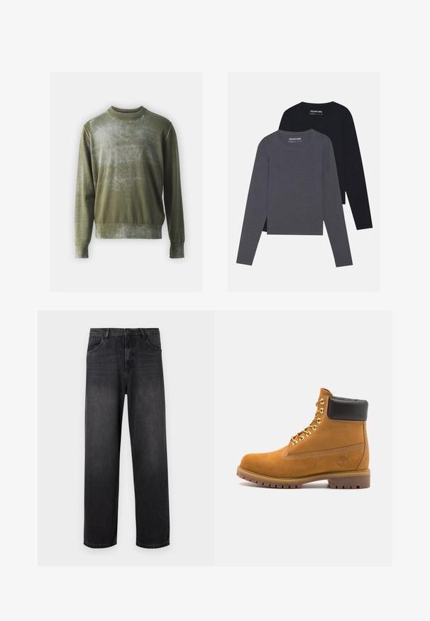Olivgrön tröja med texturerad yta; har en ribbad rund halsringning och muddar, samt en subtil gradienteffekt över kroppen.; YOURTURN 2 PACK UNISEX - Långärmad tröja - dark grey/black; Mörkgrå denimjeans med rak bendesign, som har dragkedja, fem fickor och subtila blekningsdetaljer på tyget.; Tan mockasins ankelstövlar med svart vadderad krage, guldmetallöglor, vit sömdekor och slitstöt gummisula med utmärkta mönster.