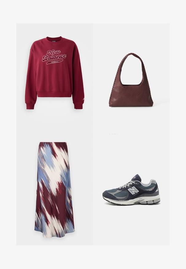 Bordó kapucnis pulcsi, kerek nyakkal, fehér "New Balance" logóval és "Athletics" felirattal. Bordás mandzsetták és szegély, puha anyag.; Hosszú szoknya, amelynek átlós, batikolt mintázata bordó, kék és krém színekben készült, puha anyagból, amely áramló sziluettel és enyhe fénylő felülettel rendelkezik.; Új Balance sportcipők sötétkék hálós és velúr felsőrésszel, szürke kiegészítőkkel, fehér logóval, párnázott talppal és texturált részletekkel.; Burgundi bőr kézitáska, háromszög alakú, nyitott tetejű, fonott részletekkel a húzón. Simább tapintású, matt felülettel.