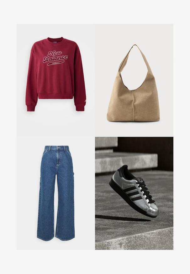 Sweatshirt cor castanho avermelhado com decote redondo, apresentando o logótipo branco "New Balance" e o texto "Athletics". Punhos e bainha canelados, material macio.; Calças de ganga azuis de perna larga com cintura alta, costuras em contraste e bolsos laterais, apresentando um design clássico de cinco bolsos e bainhas desfiadas.; Sapatilha prateada com sola de borracha preta, atacadores pretos e três riscas pretas. Apresenta um acabamento metálico e design clássico com biqueira reforçada.; Bolsa hobo em camurça bege suave com um formato descaído, alça larga para o ombro e um detalhe de costura à mão ao longo da frente.