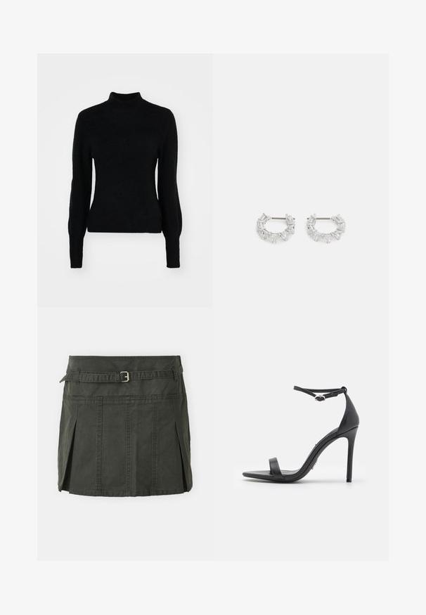 Pulover negru cu guler înalt, realizat dintr-un material moale și cu textură. Are mâneci lungi și un design ajustat, cu un finisaj fără cusături.; Fustă mini de bumbac, verde închis, cu talie ajustată, curea și plisse frontale. Prezintă detalii de cusătură și o croială clasică.; Sandale negre cu toc înalt, cu degetul mare descoperit, curele subțiri și cataramă la gleznă. Textură de piele netedă cu un design al vârfului ascuțit.; Cercei argintii în formă de cerc, pe care sunt așezate cristale clare, rectangulare și triangulară, dispuse într-un design patterned. Acestora le sunt atașate piese pentru o fixare sigură.