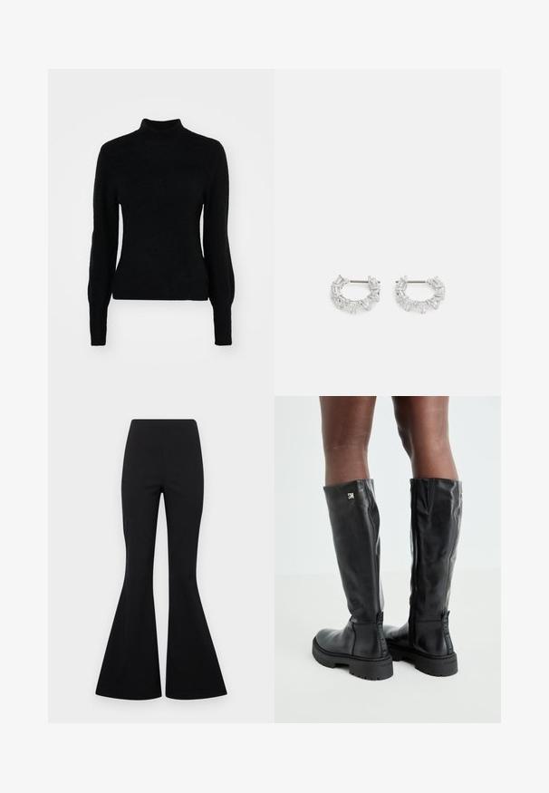 Must have mustar kaelusega kootud särk, mis on valmistatud pehmest, tekstureeritud materjalist. Sellel on pikad varrukad ja keha lähedalt istuv disain, millel on sujuv viimistlus.; Mustad laiad püksid, mis on valmistatud venivast kangast, millel on sile tekstuur, ning kõrgema vöökoha ja laia, kellukesena avarduva säärekujundusega.; Mustad põlvikõrgused mustad nahast saapad, millel on sile tekstuur, ümar varvas, paks põhi ja tõmblukk. Küljel on hõbedane logo.; Hõbedased rõngakõrvarõngad, millel on selged, ristkülikukujulised ja kolmnurkse kujuga kristallid, mis on paigutatud mustriga disaini. Kõrvarõngaid kinnitavad postid, et tagada kindel kinnitamine.