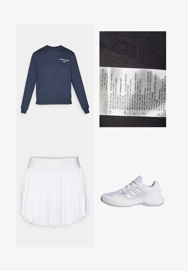 Felpa blu navy con maniche lunghe, polsini e orlo a costine. Presenta testo del logo bianco sul petto; il tessuto appare liscio e simile al cotone.; Etichetta in tessuto bianco con testo nero che dettaglia i materiali: 100% poliestere riciclato, 82% poliestere, 18% elastan; include più lingue.; Skort bianco plissettato con una cintura ampia e liscia e un tessuto morbido e leggero. Presenta un design testurizzato e stratificato per una maggiore voluminosità.; Scarpa da ginnastica bianca con tomaia in rete, pannelli testurizzati e accenti argentati. Presenta una suola ammortizzata e un design a punta tonda.