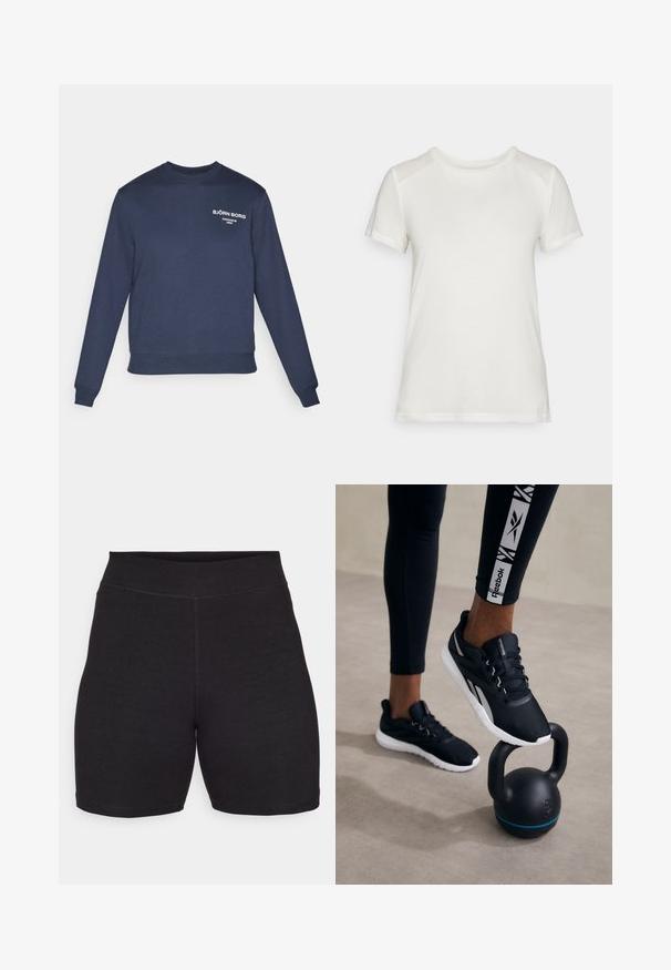 Tengerészkék pulóver hosszú ujjakkal, bordás mandzsettával és szegéllyel. A mellkason fehér logós szöveg látható; az anyag simának és pamutszerűnek tűnik.; Fehér, rövid ujjú póló puha anyagból, kerek nyakkivágással és laza szabással, sima, varrat nélküli vállrész kiemelésekkel.; Fekete kerékpáros nadrág magas derékkal, rugalmas, puha anyagból. Laposeműs seamekkel és sima textúrával a kényelem érdekében.; Fekete sportcipők, textúrával ellátott felsőrésszel, fehér talppal és szürke akcentusokkal, egy fekete kettlebellre helyezve, kék csíkkal, semleges háttér előtt.