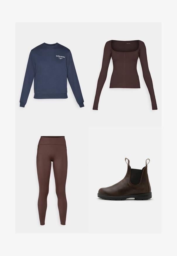 Marineblauwe sweatshirt met lange mouwen, ribgebreide manchetten en zoom. Heeft witte logotekst op de borst; de stof lijkt glad en katoenachtig.; Bruine langemouwtop met een vierkante halslijn, gemaakt van ribbelstof. Heeft een aansluitende silhouet en subtiele stikseldetails.; Bruine hoge taille leggings gemaakt van gladde, rekbare stof. Kenmerkt zich door een aansluitend ontwerp en een naadloze uitstraling langs de naden.; Bruine leren enkellaars met elastische zijkanten, trekriempjes en een getextureerde rubberen zool. Heeft een slank, rond te ontwerp.