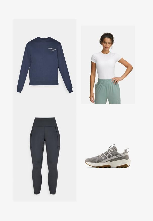 Tumši zils sporta krekls ar garām piedurknēm, ribotām aprocēm un apakšmalu. Uz krūtīm ir balts logo teksts; audums izskatās gluds un līdzīgs kokvilnai.; Balta pieguļoša T-kreklā ar īsām piedurknēm, kombinēta ar gaiši zaļām elastīgām biksēm. Gluda tekstūra, minimālisma dizains, bez redzamām rakstainām detaļām.; Augsta jostas melni legingi, izgatavoti no elastīga, gluda auduma. Iezīmēti ar divām sānu kabatām un kontrastējošu šuvju apdari.; Pelēkie New Balance teniszari ar teksturētu adītu virsmu, baltu ģeometrisku zoli, brūnu protektoru, elastīgu šņoru dizainu un vilkšanas cilpiņām uz mēles un papēža.