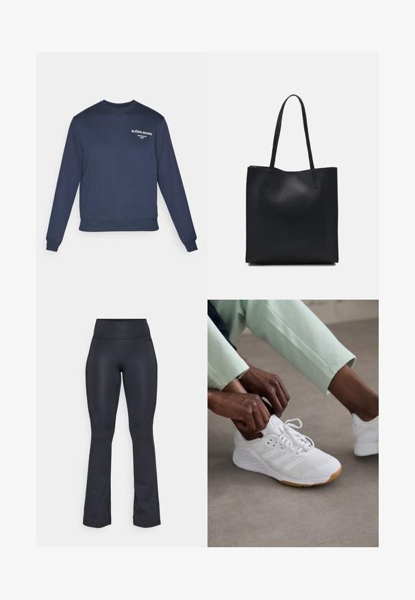 Felpa blu navy con maniche lunghe, polsini e orlo a costine. Presenta testo del logo bianco sul petto; il tessuto appare liscio e simile al cotone.; Leggings neri a palazzo realizzati in un tessuto morbido ed elasticizzato. Presentano una vita alta e spacchi laterali all'orlo per un tocco di dettaglio in più.; Scarpa sportiva bianca con tomaia in rete, suola in gomma e design a tre strisce. I lacci vengono regolati; visibili abbigliamento grigio chiaro e verde menta.; Borsa tote in pelle nera con texture liscia, forma rettangolare e due manici lunghi. Nessun hardware o decorazione visibile.