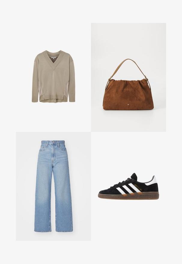 Bežinis ilgomis rankovėmis V formos megztinis su raukšlėtais rankogaliais ir apačia, su šoninėmis panelėmis ir šiek tiek aukštesne užpakaline dalimi.; Šviesiai mėlynos aukšto liemens plačios kojos džinsai su priekiniais užtrauktukais ir sagom, priekinėmis ir galinėmis kišenėmis, ant baltos fono.; Juodos Adidas sportbačiai su baltais dryžiais, auksiniu „Spezial“ užrašu, guminėmis padais ir balta kulno juostele, rodomi šoninio vaizdo.; Ruda zomšos rankinė su susiraukšlėjimu, turinti vieną šviesiai rudos odos rankeną ir subtilų auksinį logotipo detalę priekyje.