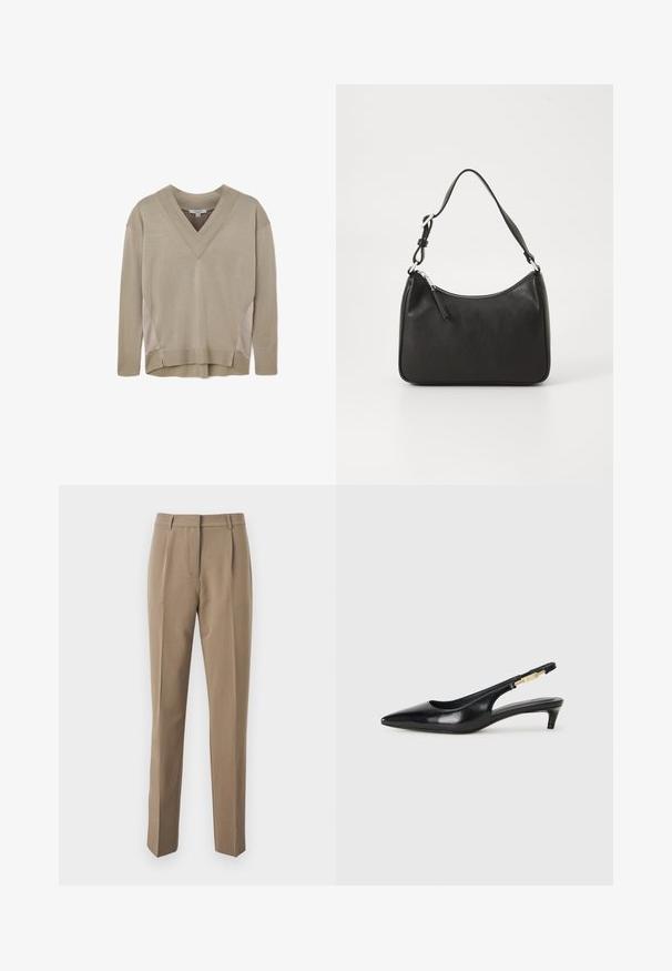 Bežinis ilgomis rankovėmis V formos megztinis su raukšlėtais rankogaliais ir apačia, su šoninėmis panelėmis ir šiek tiek aukštesne užpakaline dalimi.; Rudos pritaikytos kelnės, pagamintos iš lygios medžiagos, su tiesiomis kojomis, priekinėmis raukšlėmis ir juosmeniu su diržo kilpos.; Juodas odinis pavasario batelių modelis su smailiu nosiu, turintis siaurą kulniuką ir auksinės spalvos akcentu reguliuojamoje juostoje. Lygi tekstūra.; Juoda odinė rankinė su išlenkta forma, viena dirželiu, užtrauktuko uždarymu ir subtiliu ženklinimu priekyje. Lygus paviršius, minimalistinis dizainas.