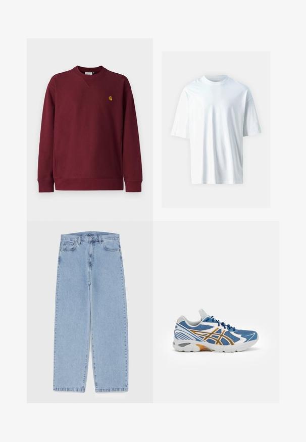 Carhartt WIP AMERICAN SCRIPT - Sweatshirt - malbec; T-shirt blanc à manches courtes en coton doux. Il présente un col rond, une coupe décontractée et une texture lisse. Aucun motif ni accent visible.; Jean en denim bleu clair avec une coupe droite, présentant une taille mi-haute, cinq poches, et une fermeture à bouton et à fermeture éclair.; Chaussure de sport bleue avec tige en mesh, accents blancs et orange, semelle intermédiaire rembourrée et semelle extérieure en caoutchouc texturé. Dispose d'un design à lacets.