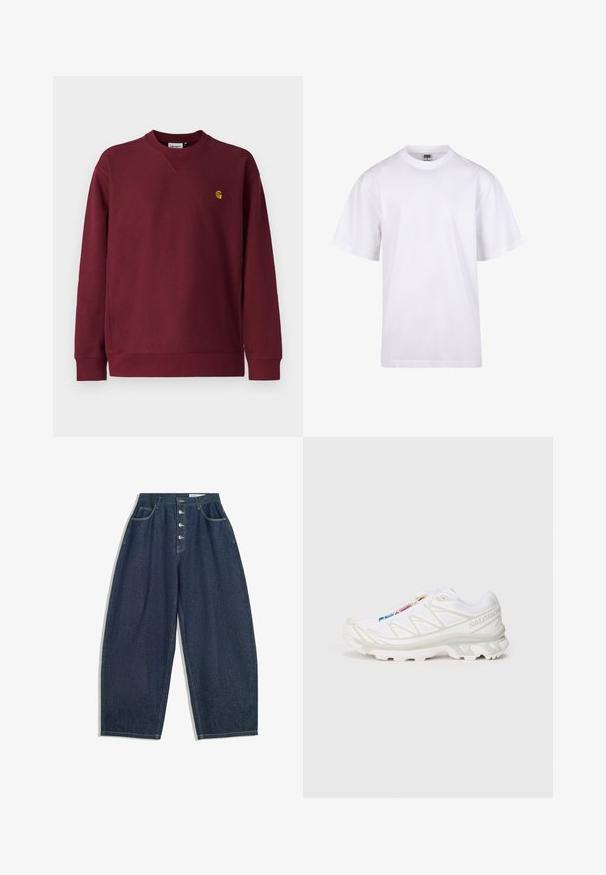 Carhartt WIP AMERICAN SCRIPT - Sweatshirt - malbec; Weißes Baumwoll-T-Shirt mit Rundhalsausschnitt, kurzen Ärmeln und lockerer Passform. Hat ein schlichtes Design ohne Muster oder Akzente.; Dunkelblaue Denim-Hose mit weiter Beinform und hoher Taille, fünfknöpfigem Verschluss und fünf Taschen. Mit Steppnähten an den Nähten.; Weiße Sportlich-Schuh mit strukturiertem Mesh-Obermaterial, reflektierenden Akzenten und einer gepolsterten Sohle. Auffälliges Markenlogo an der Seite.