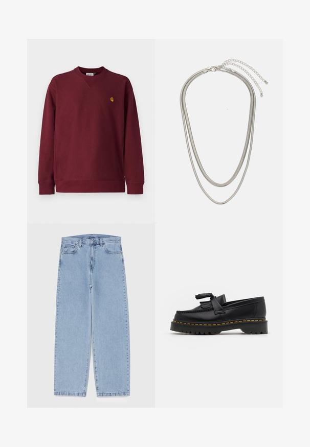 Carhartt WIP AMERICAN SCRIPT - Pusa - malbec; Heled sinise denimi sirgete põlvede lõikega teksad, millel on keskmise kõrgusega vöökoht, viis taskut ning nööbid ja tõmblukk.; Mustmust musta loafer, millel on frantsiisi aktsent, paks must tald ja kollane õmblus servas. Tekstuuriga viimistlus.; Kolmekihiline hõbedane metallkaelakee, mis on valmistatud peentest, paindlikest kettidest kerge läikega, kinnitatud krabi sulguri ja reguleeritava ketiga.