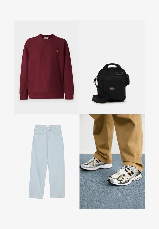 Carhartt WIP AMERICAN SCRIPT - Sweatshirt - malbec; Helle blaue weit geschnittene Jeans aus Denim, mit mittelhoher Taille, fünf Taschen und einem Knopfverschluss mit einem schlanken Metallelement.; Weiße und silberne New Balance Sneaker mit schwarzen Akzenten und Schnürsenkeln, ausgestattet mit einem Mesh-Obermaterial, gepolsterten Sohlen und dynamischem Design.; Schwarze Umhängetasche mit einem Reißverschlussfach, rechteckiger Form, aus Stoff gefertigt, mit einem Logo-Patch auf der Vorderseite und verstellbarem Schultergurt.; Schwarzer Eastpak-Rucksack mit rundem Design, robustem Stoff, einer vorderen Reißverschlusstasche und einem oberen Tragegriff. Verfügt über ein Logo-Patch auf der Vorderseite.