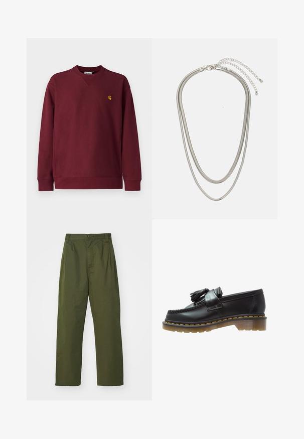 Carhartt WIP AMERICAN SCRIPT - Pusa - malbec; Olive roheline, kõrge vöökoht ja sirge lõikega püksid. Valmistatud kergest kangast, ees on voldid ja nööpkinne.; Mustad nahast loojakad tekstureeritud viimistlusega, kaunistatud dekoratiivsete tupsudega ja kontrastset kollastniiti, paksel läbipaistval tallal.; Kolmekihiline hõbedane metallkaelakee, mis on valmistatud peentest, paindlikest kettidest kerge läikega, kinnitatud krabi sulguri ja reguleeritava ketiga.