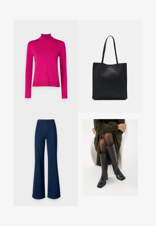 Feszes fazonú garbó pulóver élénk rózsaszín színben, bordázott kötésű anyagból készült, hosszú ujjak jellemzik, egyenes alja bordázott mandzsettával.; Sötétkék, trapéz szabású farmernadrág, rugalmas derékkal. Simás textúrával és széles lábszárral rendelkezik, amely a szegélyig terjed.; Térdfelett érő fekete bőr csizmák négyzet alakú orral és tömbtalppal, olajzöld kabátban ülő modellel bemutatva. Simaság, minimalista részletezés.; Fekete bőrtáska sima felszínnel, téglalap alakú, két hosszú füllel. Nincs látható fémkiegészítő vagy díszítés.
