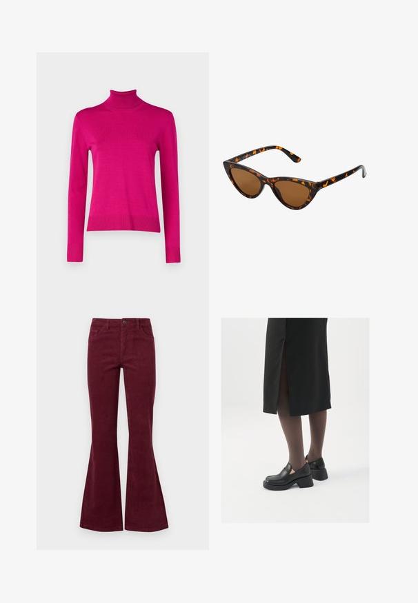 Dopasowany sweter typu golf w jaskrawym różu, wykonany z prążkowanej dzianiny, z długimi rękawami i prostym dołem z prążkowanymi mankietami.; Bordowe dżinsy z prążkowanej corduroy w fasonie dzwonów, z pięcioma kieszeniami, przednim zapięciem na guzik i teksturowanym materiałem. Dzwony rozszerzają się od kolana do dolnej krawędzi.; Czarne skórzane buty z okrągłym noskiem, grubym blokowym obcasem i elastycznymi akcentami po bokach, zestawione z ciemnymi rajstopami i czarną spódnicą z rozcięciem.; Okulary przeciwsłoneczne w kształcie kocich oczu z czarno-pomarańczową oprawą w deseń żółwia, brązowymi soczewkami i eleganckimi, spiczastymi końcówkami. Posiadają minimalistyczne logo na zauszniku.