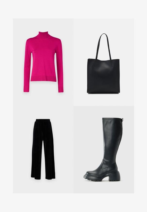 Fitted Rollkragenpullover in leuchtendem Pink, aus geripptem Strickstoff, mit langen Ärmeln und geradem Saum sowie gerippten Bündchen.; Schwarze weit geschnittene Hose aus weichem Samt, mit einem elastischen Bund und einer glatten Textur, ohne sichtbare Details oder Muster.; Hoher schwarzer Lederstiefel mit einer robusten Plateausohle und Blockabsatz, der über eine Zuglasche und ein strukturiertes Profil an der Außensohle verfügt.; Schwarze Laptoptasche aus Leder mit glatter Textur, rechteckiger Form und zwei langen Griffen. Keine sichtbaren Beschläge oder Verzierungen.