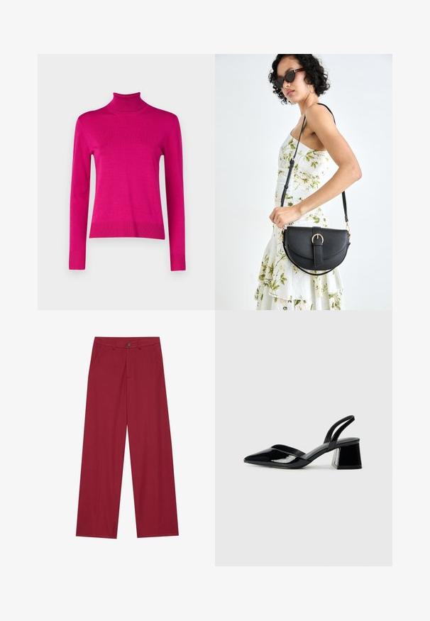 Aansluitende coltrui in felroze, vervaardigd van geribd breimateriaal, met lange mouwen en een rechte zoom met geribde manchetten.; Brede broek van een gladde, gestructureerde stof in een diepe roodtint. Bevat voorzakken en een enkele knoopsluiting bij de taille.; Zwarte gepatineerde leren slingback hakken met een spitse neus en een geometrische blokhak. Kenmerkt zich door een slank, minimalistisch ontwerp en een gladde textuur.; Zwarte leren handtas met een gebogen vorm, afneembare schouderband en gouden hardware. De tas heeft een klep met een gespsluiting.