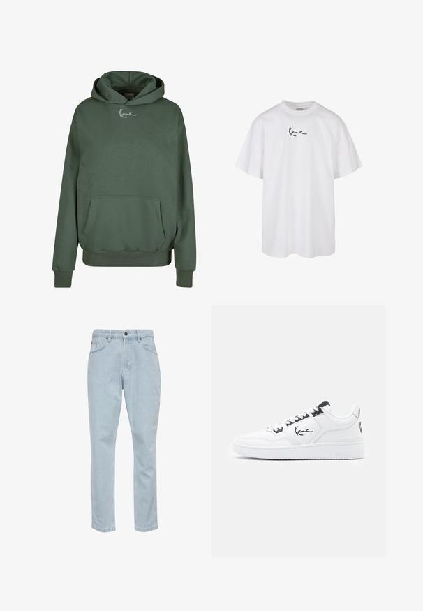 Zaļa kapucīna krekls, izgatavots no mīkstas auduma, ar priekšējo kabatu, ribotām piedurknēm un baltu logo uz krūšu daļas.; Balta kokvilnas T-kreklu ar apaļu izgriezumu un īsām piedurknēm, ar melnu izšūtu logo, kas atrodas krūtīs.; Gai zila džinsu bikses ar taisnu kāju dizainu, piecām kabatām un metāla pogu aizdari. Gluda tekstūra un nelieli izbalējumi.; Baltas ādas sneakers ar melniem akcentiem, kuram ir paraksta logo sānos, apaļa purngala forma un teksturēta gumijas zole.