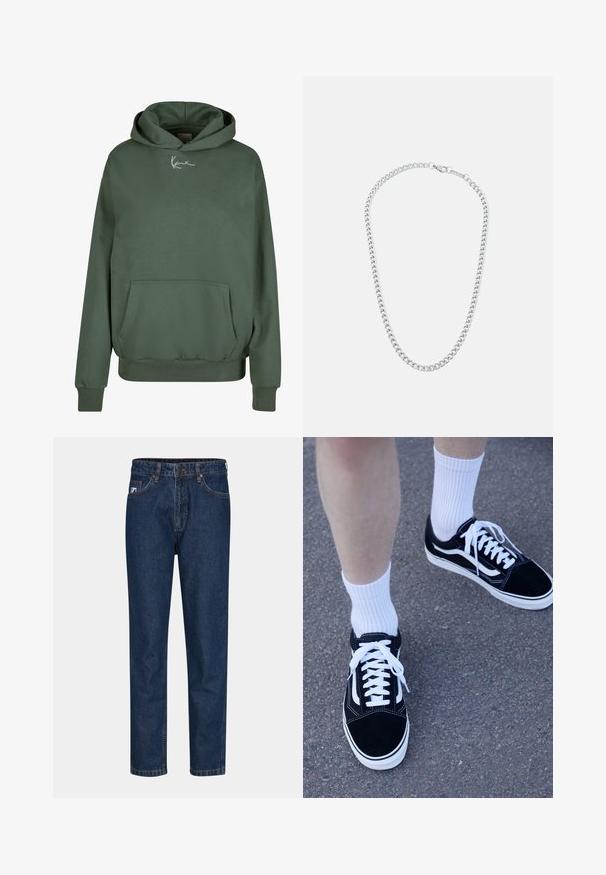 Sudadera con capucha verde, hecha de tejido suave, que cuenta con un bolsillo frontal, puños acanalados y un logotipo blanco en el pecho.; Camiseta de algodón blanca con escote redondo y mangas cortas, con un logotipo bordado en negro centrado en el pecho.; Pantalones de mezclilla de color azul oscuro con un diseño de pierna recta, que cuentan con cinco bolsillos, trabillas para el cinturón y un cierre de un solo botón. Textura suave y costuras clásicas.; Zapatillas de ante negro con acentos y cordones blancos, combinadas con calcetines de ribete blanco, situadas sobre una superficie gris texturizada.; Collar de cadena de metal plateado con eslabones entrelazados y un cierre seguro, textura lisa, acabado uniforme y diseño clásico.