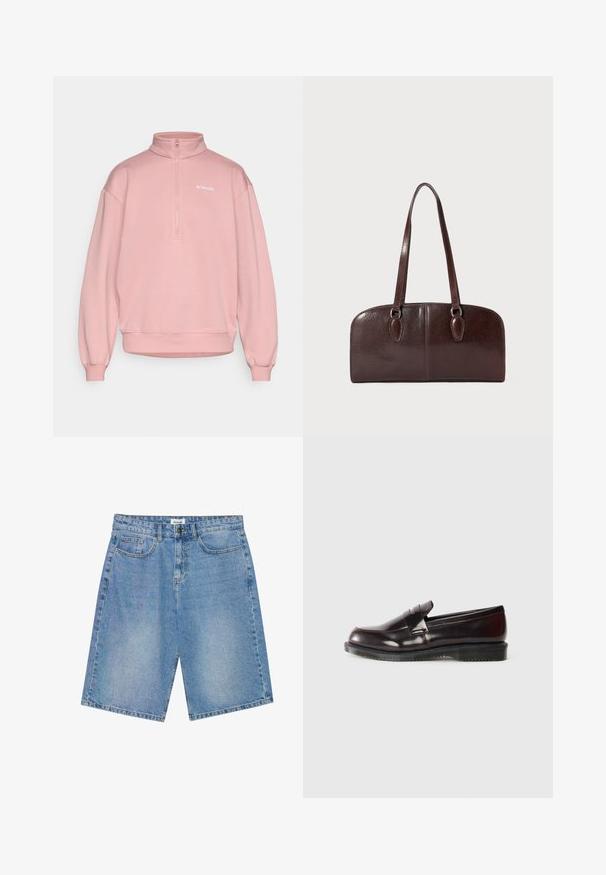 Light pink sweatshirt with a high collar and half-zip closure. Features long, slightly puffed sleeves and a ribbed hem. Columbia logo on chest.; Denim shorts in light blue with a straight cut, five-pocket design, and contrast stitching. Features a button and zipper closure.; Burgundy leather loafers with a smooth surface, a raised seam detail, and a rubber sole. Designed with a rounded toe and minimal hardware.; Brown leather handbag with two long handles, a structured rectangular shape, smooth texture, and rounded edges. Features accent details at the handles.