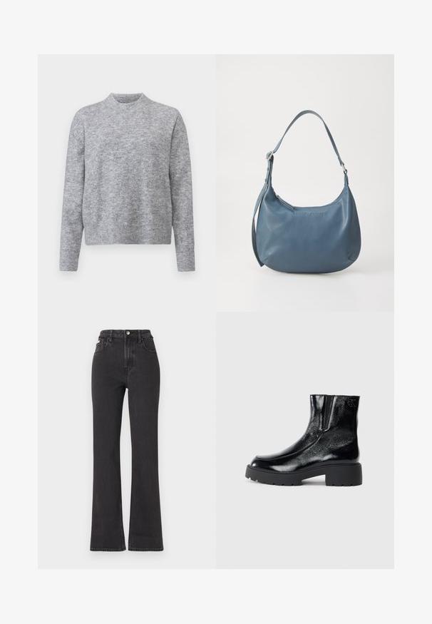 Hallitusest pehme kootud hall kampsun, millel on ringkaelus ja pikad varrukad ribakraega ja -äärisega. Ilma mustrite ja aksessuaarideta.; Mustad kõrge vöökohaga laienevad teksapüksid, mis on valmistatud denimist, varustatud nööbiga kinnitamise, vöörihmade ja küljetaskutega. Sile tekstuur minimaalse pleekimisega.; Mustad mustad tossud läikiva patendi nahaga viimistlusega, jäme musta kummist tald ja kõrgendatud konts; sisaldab külgedel peent logodegust.; Sinine nahast käsipadi ümarate vormidega, ühe õlapaela, tõmblukuga ja esiküljel reliefse brändinimega. Sile tekstuur.