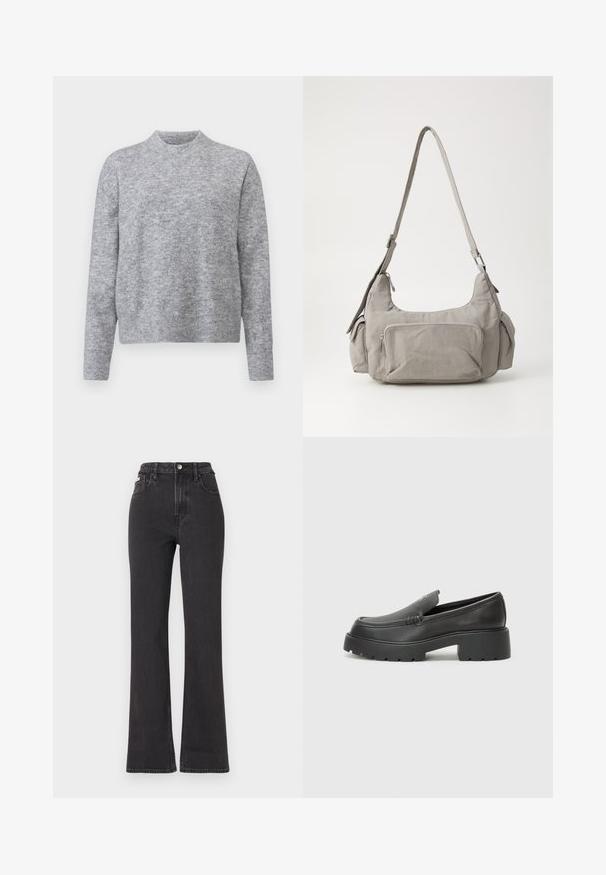 Gray sweater made of soft knit material, featuring a crew neckline and long sleeves with ribbed cuffs and hem. No patterns or accents.; Black high-waisted flared jeans made of denim, featuring a button closure, belt loops, and side pockets. Smooth texture with minimal fading.; Black leather loafers with a rounded toe, thick textured sole, and minimal stitching details. Sleek design with no visible laces or hardware.; Gray fabric shoulder bag with two side pockets, a front zippered pocket, and a wide adjustable strap. Simple, functional design.