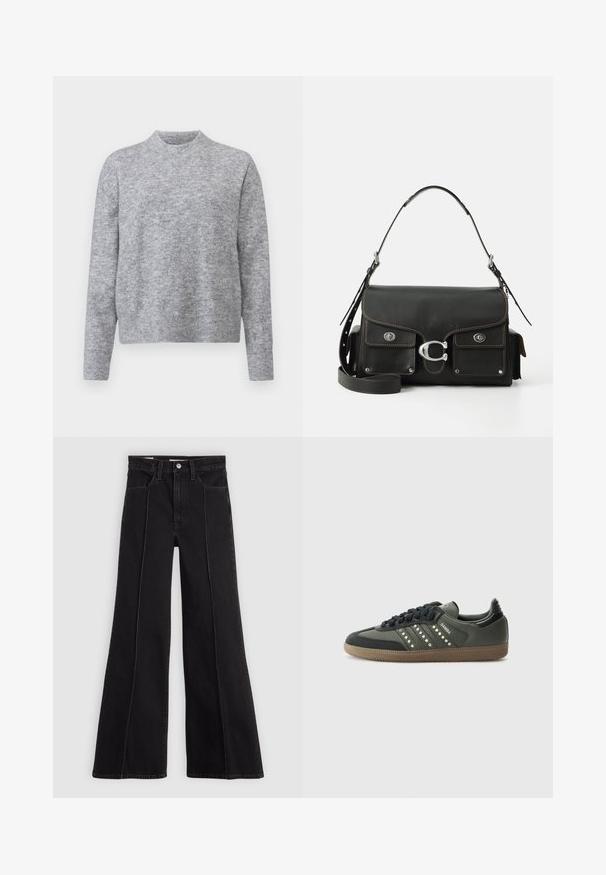 Siv jumper iz mehkega pletenega materiala, s krožno izrezom in dolgimi rokavi z rebrastimi manšetami in robom. Brez vzorcev ali dodatkov.; Črne široke kavbojke z visokim pasom, z detajli sprednjega šiva, gumbom za zapiranje, zankami za pas in sprednjimi žepi na enotnem svetlem ozadju.; adidas Originals SAMBA OG - Športni copati - core black/legend earth/gum; Črna usnjena torbica z zapiranjem na pokrov, srebrno strojno opremo, dvema sprednjima žepoma, kontrastnim šivom in snemnim naramnim trakom.