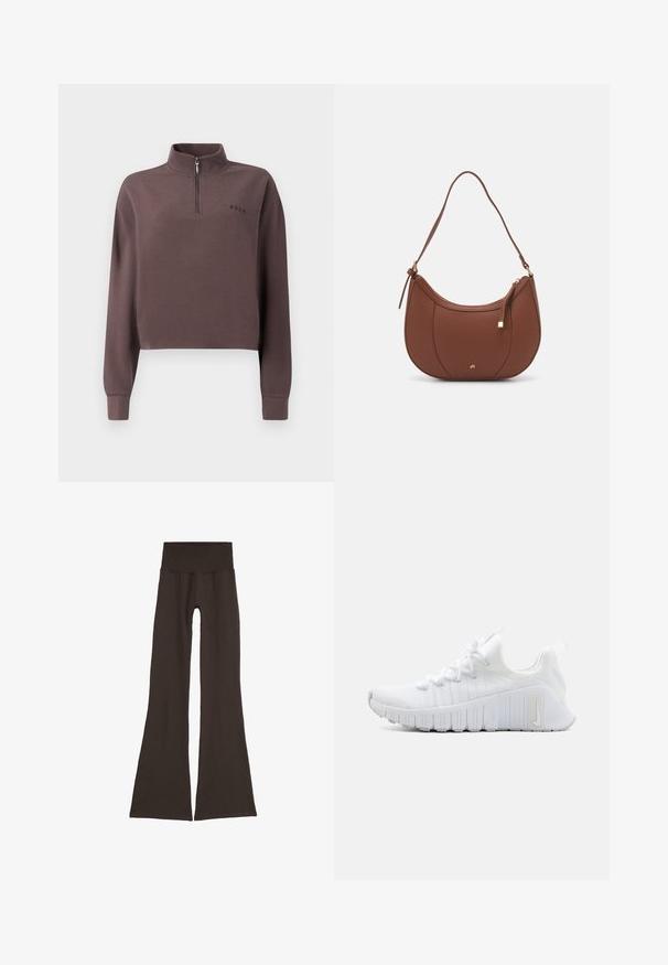 Pullover accorciato a maniche lunghe in tessuto ribbed color malva scuro con zip a quarto di giro e un piccolo logo del marchio sul petto. Texture morbida.; Top a canotta beige a coste con spalline sottili e scollatura rotonda. Presenta un logo ricamato sul davanti. Texture liscia, design aderente.; Leggings a campana di un marrone scuro con un'ampia vita a coste. Realizzati in materiale morbido ed elasticizzato, presentano un design senza cuciture e senza hardware visibile.; Scarpa sportiva bianca con tomaia testurizzata, chiusura a lacci piatti e suola in gomma prominente con scanalature verticali. Presenta un logo sul lato.; Borsa a spalla in finta pelle marrone con forma curvata, cuciture minime e un accento in metallo dorato. Presenta una chiusura con zip superiore e una tracolla regolabile.