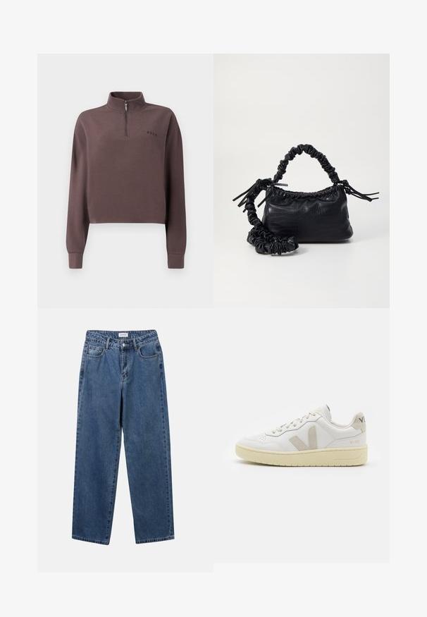 Avskuren långärmad tröja i mörk mauve ribbat tyg med en fyrdelad dragkedja och en liten logotyp på bröstet. Mjuk textur.; Klassiska blå denimjeans med rak benform, fem fickor och knäppning. Har en medelblå tvättning och stadig textur.; Vita lädersneakers med beige mockadetaljer, perforerad tåbox, platta snören och en texturerad krämfärgad sula. Har diskret varumärkning på hälen.; Svart faux läderhandväska med krokodiltextur, snodd topp och en skrämd rem. Ser mjuk och kompakt ut i designen.