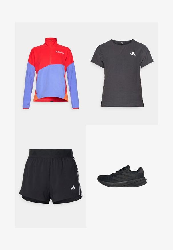 Roter und blauer Fleece-Pullover mit einem Viertel-Reißverschluss und hohem Kragen. Mit kontrastierenden orangen Akzenten an den Seiten und einem Logo auf der Brust.; Kurze Ärmel Sport-T-Shirt, dunkelgrau mit durchbrochener Textur. Enthält ein weißes Logo und kontrastierende Seitenstreifen. Runder Ausschnitt.; Schwarze Sportshorts mit einem elastischen Bund, ausgestattet mit einem strukturierten Band, seitlichen Streifen und einem weißen Adidas-Logo am unteren Saum.; Schwarze Sportschuhe mit einem Obermaterial aus Mesh, stromlinienförmiger Form, flacher Sohle und drei diagonalen Streifen an der Seite. Leichtes Design für Komfort.