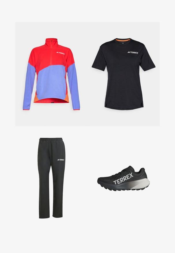 Pullover in pile rosso e blu con zip a quarto e colletto alto. Presenta accenti arancioni a contrasto sui lati e un logo sul petto.; T-shirt nero a maniche corte con scollo rotondo, caratterizzato da una leggera texture mélange e dal logo bianco "TERREX" sul lato superiore sinistro.; Pantaloni leggeri neri con elastico in vita. Presentano un discreto logo "TERREX" in bianco. Tessuto morbido e design a gamba dritta.; Scarpe da corsa nere con una parte superiore testurizzata, prominente logo "TERREX" in bianco, design del suola affusolato e un accento grigio sfumato sul tallone.