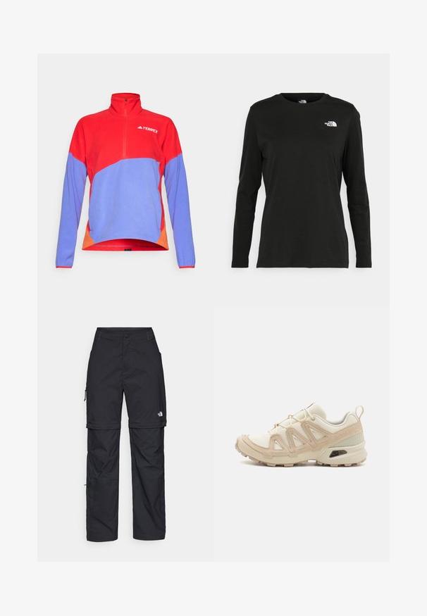 Pullover de fleece vermelho e azul com fecho de quarto e colarinho alto. Apresenta detalhes contrastantes em laranja nas laterais e logótipo no peito.; T-shirt preto de mangas longas, feito de algodão, com decote redondo. Apresenta um pequeno logótipo branco na área esquerda do peito. Design simples e ajuste confortável.; Calças cargo pretas em nylon com fechos de correr removíveis, punhos ajustáveis, múltiplos bolsos e um logótipo na perna direita. Textura suave e leve.; Sapatilha atlética beige e creme com parte superior em malha texturizada, sobreposições de suporte e sola de borracha com um padrão de cravo para tração.