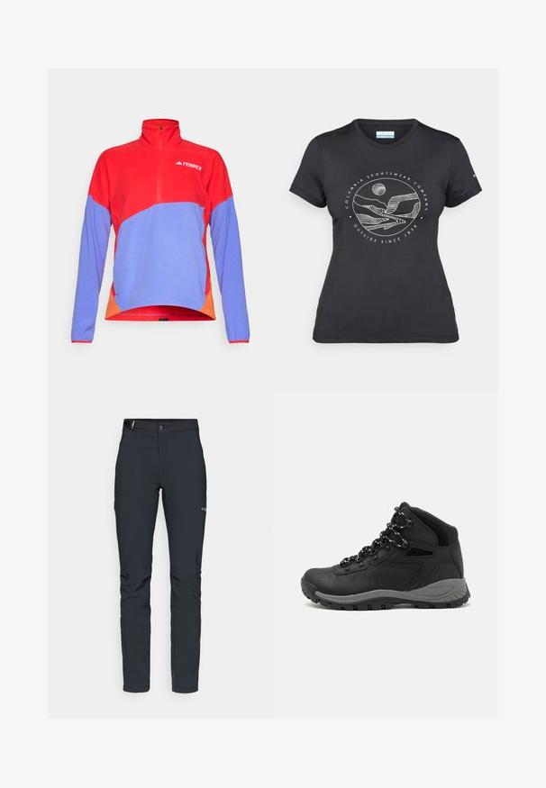 Sarkans un zils vilnas pūkains džemperis ar ceturtās daļas rāvējslēdzi un augstu apkakli. Iezīmējas ar kontrastējošiem oranžiem akcentiem sānos un logotipu uz krūšu daļas.; Melnā Columbia T-kreklā ar baltu apļa kalnu un upes kontūru mākslu, kā arī tekstu "Columbia Sportswear Company Outside Since 1938."; Vīriešu āra bikses, tumši pelēkā krāsā, izgatavotas no elastīga materiāla, ar jostu, kabatām ar rāvējslēdzēju un pastiprinātām šuvēm.; Melni pārgājienu zābaki ar vidēju augstumu, ar teksturētu augšdaļu, pelēkiem akcentiem un izturīgu gumijas zoli ar saķeres izvirzījumiem.