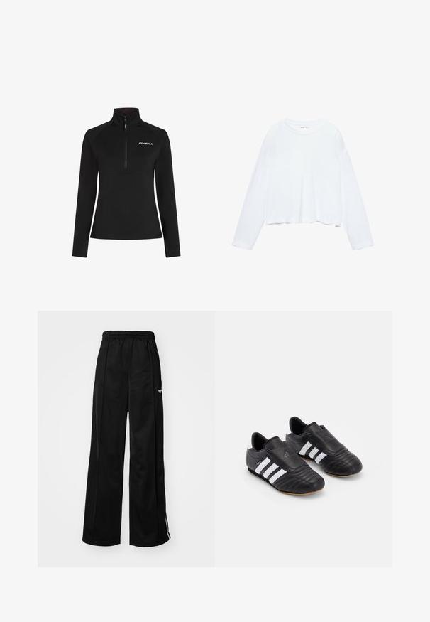 Zwart fleecetrekker met een kwart-rits en hoge kraag. Beschikt over lange mouwen en een wit logo op de borst. Soepele textuur.; Langarmige witte cropped t-shirt, gemaakt van zachte stof, heeft een ronde hals en een losse pasvorm met omgeslagen mouwen. Eenvoudig en strakke ontwerp.; Zwarte wijde trainingsbroek met een elastische tailleband, voorzien van witte zijkanten en een klein logo op de linker heup. Stevige stoftextuur.; Zwarte voetbalschoenen met een bovenwerk van textuurleer, voorzien van een gevoerde voorkant, drie witte strepen aan de zijkanten en een gumrubberen zool.