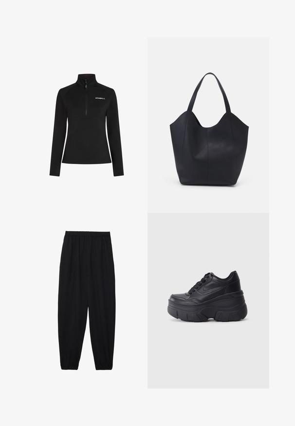 Sudadera de forro polar negra con cremallera de un cuarto y cuello alto. Presenta mangas largas y un logo blanco en el pecho. Textura suave.; Pantalones negros, ligeros, con cintura elástica y tobillos fruncidos. La tela es suave y presenta un diseño relajado y ajustado.; Zapatillas negras con cordones y suela gruesa, con parte superior de cuero suave, punta redondeada y un diseño de plataforma en capas distintivo.; Bolso tote negro fabricado en cuero liso, con un diseño minimalista que presenta un borde superior curvado y dos asas para el hombro.