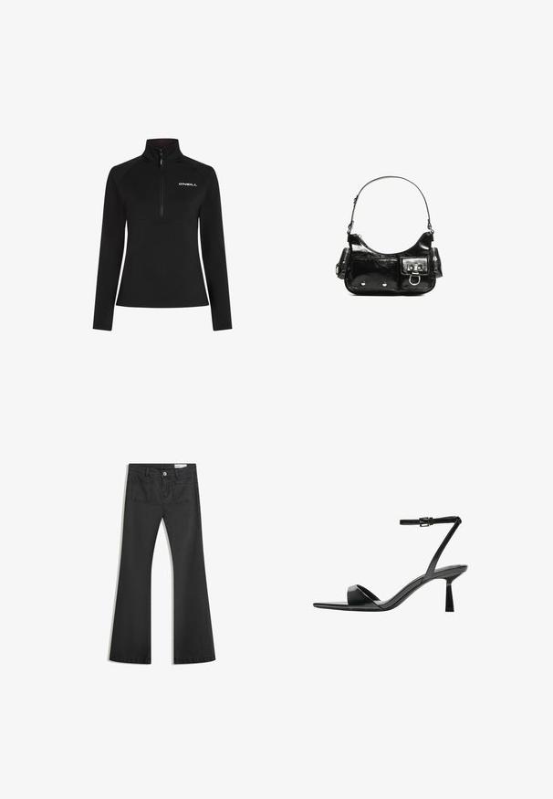 Čierny fleecový pulóver so štvrtinovým zipsom a vysokým golierom. Obsahuje dlhé rukávy a biele logo na hrudi. Hladká textúra.; Čierne rozšírené džínsy vyrobené z denimu s hladkou textúrou, obsahujúce dve zadné vrecká a zapínanie na gombík v páse.; Bershka Sandále na vysokom opätku - black; Čierna laková kožená kabelka s ohnutým tvarom, jedným ramenným popruhom, prednými vreckami a striebornými kovovými doplnkami.
