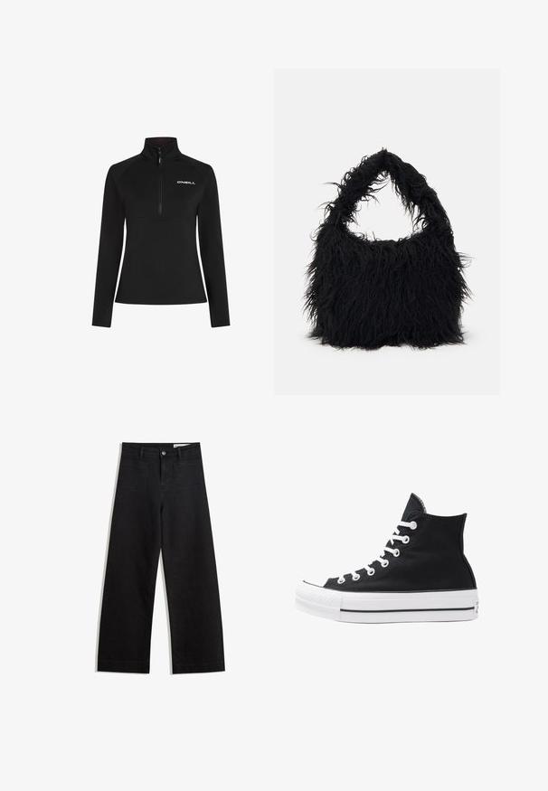Schwarzer Fleece-Pullover mit Viertelreißverschluss und hohem Kragen. Verfügt über lange Ärmel und ein weißes Logo auf der Brust. Glatte Textur.; Schwarze weit geschnittene Jeans mit hoher Taille, ausgestattet mit Vorder- und Hintertaschen, gesteppten Nähten und einem Knopfverschluss. Glatte Textur.; Schwarze High-Top-Canvas-Sneaker mit weißen Ösen, Schnürsenkeln und Gummisohle. Verfügt über eine strukturierte Zehenkappe und schwarz-weiße Streifenakzente.; Even&Odd Shopping Bag - black
