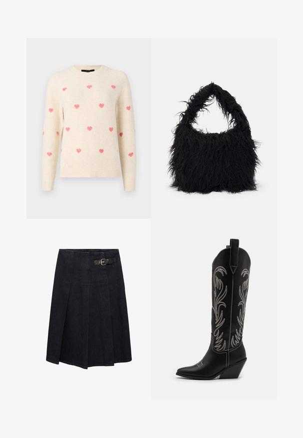 Pulover crem cu guler rotund, decorat cu inimi roz brodate, dispersate pe întreaga suprafață. Textură moale, cu manșete și tiv ribbate.; Fusta din denim închis, cu talie ajustată, detaliu cu cataramă pe lateral, design plisat și siluetă ușor evazată. Detalii de cusătură pe întreaga suprafață.; Bocanci de cowboy din piele neagră, cu vârfuri ascuțite, toc wedge și modele florale brodate cu fir argintiu de-a lungul tijei. Cusături în contrast pe întreaga suprafață.; Even&Odd Geantă de pânză - black
