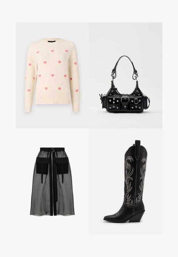 Crème trui met een ronde halslijn, versierd met geborduurde roze harten verspreid over de stof. Zachte textuur met geribde manchetten en zoom.; Zwarte doorschijnende rok met een verzameld tailleband, voorzien van twee grote voorzakken, een tailleband met strik en een ronde metalen accent.; Zwarte leren cowboylaarzen met spitse neuzen, wiggenhakken en zilver geborduurde bloemmotieven langs de schacht. Contrasterende stiksels overal.; Zwarte lederen handtas met een gebogen ontwerp, voorzien van zilveren studs, een gesp en twee zijvakken. Verstelbare schouderband voor verschillende draagmogelijkheden.