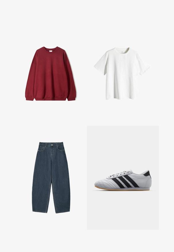 Bordowy sweatshirt o luźnym kroju, z okrągłym dekoltem i opadającymi ramionami, wyeksponowany na jednolitym białym tle.; Biała bawełniana koszulka z okrągłym dekoltem, krótkimi rękawami i luźnym krojem. Gładka tekstura, bez wzorów lub akcentów.; Granatowe dżinsy z szerokimi nogawkami i wysokim stanem, z pięcioma kieszeniami i widocznymi detalami szwów. Czysty, minimalistyczny design.; Szare buty sportowe z gładkiej skóry, z trzema czarnymi paskami, zaokrąglonym noskiem i podeszwą z gumy.