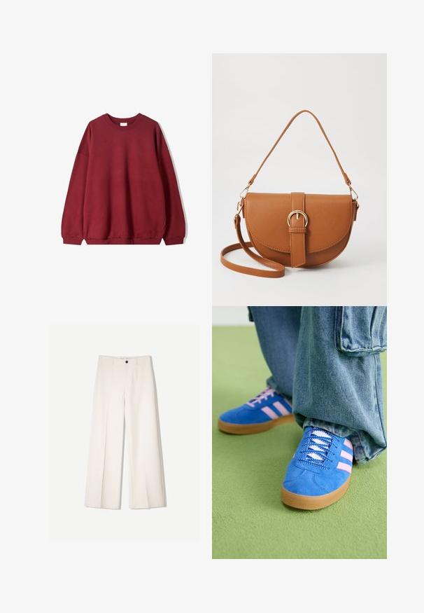 Bordowy sweatshirt o luźnym kroju, z okrągłym dekoltem i opadającymi ramionami, wyeksponowany na jednolitym białym tle.; Kremowe spodnie szerokie z dopasowanym krojem, z dwoma przednimi kieszeniami i pojedynczym zapięciem na guzik z przodu, wykonane z gładkiego materiału.; Niebieskie zamszowe buty z różowymi paskami i białymi sznurowadłami, z gumową podeszwą, zestawione z luźnymi dżinsami na zielonej powierzchni.; Brązowa skórzana torba na ramię o zaokrąglonym kształcie, ze złotymi akcentami i zapięciem w formie klamry. Posiada odpinany pasek na ramię.