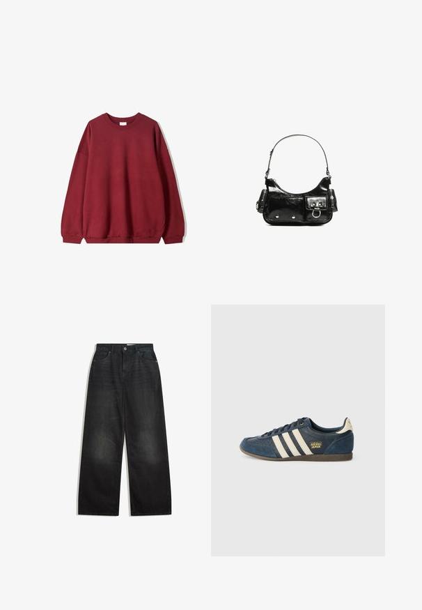 Burgundská mikina s volným střihem, s kulatým výstřihem a spadlými rameny, vystavená na jednoduchém bílém pozadí.; Černé džíny s širokými nohavicemi a vysokým pasem, které mají pět kapes a zipový zip. Materiál má hladkou texturu a jemné vyblednutí.; Námořnické modré semišové tenisky s krémovými pruhy, texturovanou špičkou, zlatým logem "adidas JAPAN" a hnědou gumovou podrážkou. Klasický nízký střih.; Černá lakovaná kožená kabelka s křivkovým tvarem, jedním ramenním popruhem, předními kapsami a stříbrnými kovovými detaily.