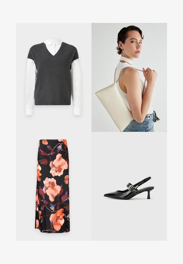 Dark gray knitted sweater with a V-neck design, featuring short sleeves over a white collared shirt. Texture is ribbed, with a layered look.; Floral midi skirt featuring a black background with large orange and blue watercolor flowers; smooth fabric with a slight sheen.; Black patent leather slingback heels with a pointed toe and a small block heel, featuring a silver buckle accent on the strap.; White rectangular clutch bag made of glossy material, featuring a silver chain strap. Model poses, showcasing the bag against a plain background.