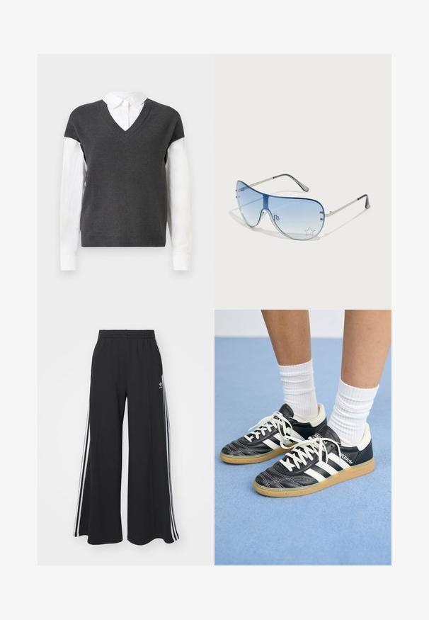 Suéter malhas cinza escuro com design em V, apresentando mangas curtas sobre uma camisa branca de colarinho. A textura é canelada, com um aspeto em camadas.; Calças de suor largas e pretas com uma cintura elástica, apresentando riscas brancas nas laterais e um logótipo bordado na coxa esquerda.; Sapatilhas de couro preto com riscas brancas, biqueira redonda, atacadores brancos e sola de borracha de goma. Destacadas pelo colarinho acolchoado e detalhes de marca.; Óculos de sol aviador com lentes azuis em degradê, armação metálica prateada e detalhes decorativos de estrelas nas lentes. Design suave e elegante.