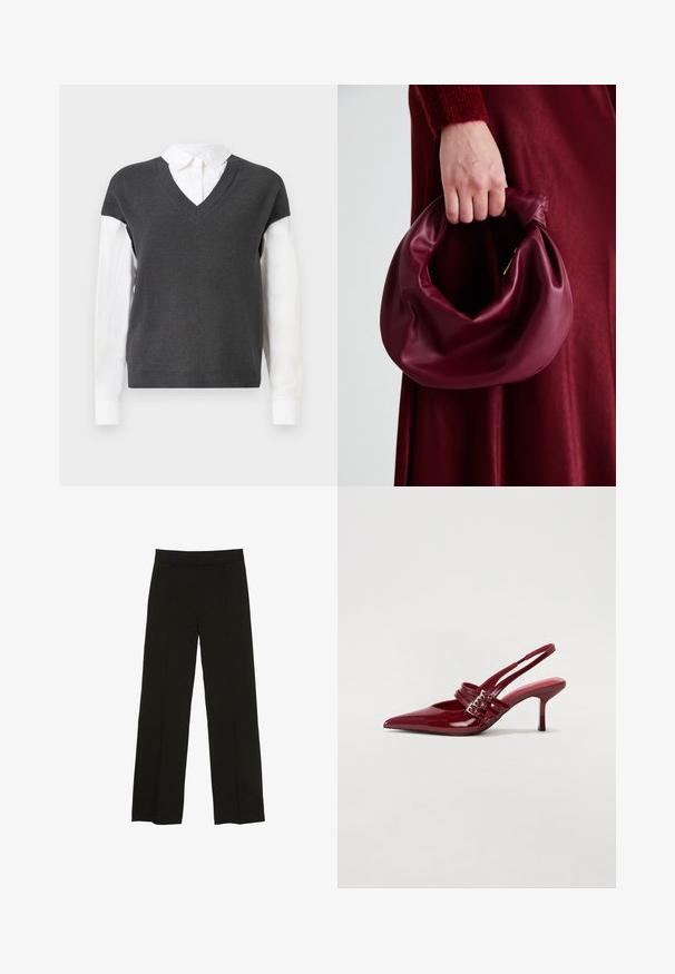 Dark gray knitted sweater with a V-neck design, featuring short sleeves over a white collared shirt. Texture is ribbed, with a layered look.; Black wide-leg trousers made from a smooth fabric, featuring a fitted waistband and subtle front pleats for added texture.; Red patent leather slingback heels with a pointed toe, two buckle straps, and a slim, mid-height stiletto heel. Smooth texture.; Burgundy leather handbag with a soft, gathered design and a rounded shape. The handle is secured, showcasing a smooth texture.