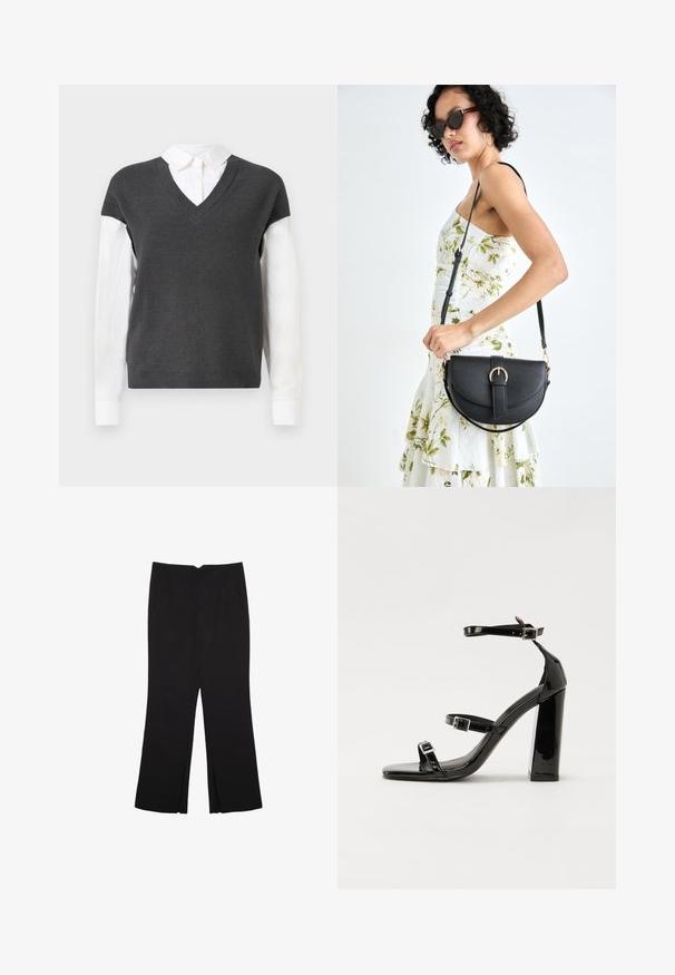 Dunkelgrauer gestrickter Pullover mit V-Ausschnitt, der kurze Ärmel über einem weißen Kragenhemd hat. Die Textur ist gerippt und hat einen geschichteten Look.; Schwarze Hose mit geradem Schnitt, ausgestattet mit Fronttaschen und Seitenschlitzen am Saum. Hergestellt aus weichem, glattem Stoff. Geeignet für verschiedene Anlässe.; Schwarze patentierte Sandalen mit Absatz, quadratischer Spitze, Knöchelriemen und silbernen Schnallen. Mit einem stabilen Blockabsatz für mehr Stabilität.; Schwarze Lederhandtasche mit geschwungener Form, abnehmbarem Tragegurt und goldenen Beschlägen. Die Tasche verfügt über einen Deckel mit einer Schnallen-Details.