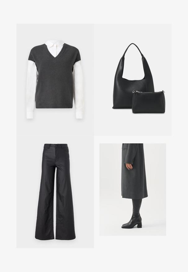 Tumehall kootud sviiter V-kaelusega, millel on lühikesed varrukad ja mis on valge kaelusega särgi peal. Tekstuur on ribakujuline, luues kihilise välimuse.; Mustad, laiad püksid kunstnahast. Omab kõrget vööd, vöökotte, kahte esipoolset taskut ja õmmeldud detaile.; Hallhalline, kohandatud ülikond jakk sirge lõikega; kombineeritud kuni põlveni ulatuvate mustade nahast saapadega, millel on nelinurkne varvas ja paks konts.; Even&Odd Käekott - black